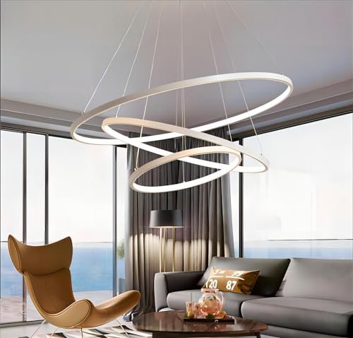 Qiaomao Hängelampe LED-Deckenleuchte Weiß Dimmbar mit Fernbedienung 76W, Moderne 3 Ring Pendelleuchte Höhenverstellbar Wohnzimmerlampe, Esstisch, Esszimmer, Schlafzimmer Kronleuchter, 20+40+60cm