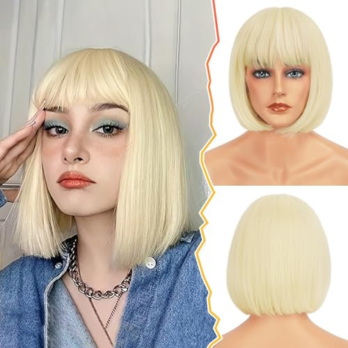 BARSDAR Blond Bob Perücke mit Pony, 30cm Kurze Gerade Bob Perücke für Damen Natürlich Aussehend Synthetische Perücken Tägliche Party (Platin Blond)