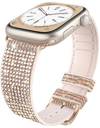 Tuocal Bling Armband Kompatibel mit Apple Watch Armband 38mm 40mm 41mm 42mm(Series 10), Glitzer Strass Weiches Silikon Ersatzarmband mit iWatch Series 10 9 8 7 6 5 4 3 2 1 SE Damen, Roségold