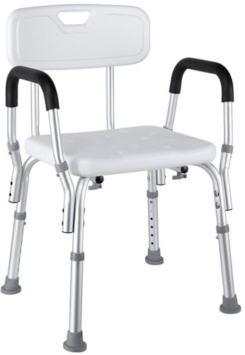 Adjustable Shower Chair With Back and Arms - Portable Bath Stool for Mobility, Non-Slip Seat for Adults, Elderly, Disabled - Maximum Load 136 kg, White