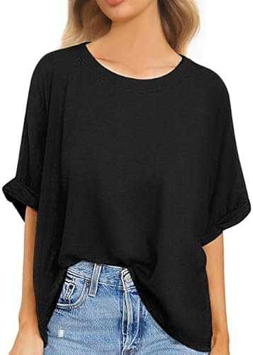 Voqeen Womens T Shirts Summer Oversized Tops Short Sleeve Round Neck Crew Tees Loose Baggy Tshirts Casual Basic Plain Shirts for Ladies Black