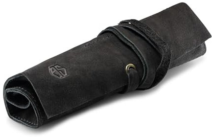 Angus Stoke Leder-Rolltasche für Stifte, Pinsel und Accessoires – Federtasche aus Leder – Handmade Stiftrolle Leonardo (Schwarz)