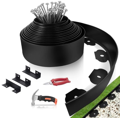 Flexible Garden Edging Border 12m - No Dig Landscape Edging Border 10cm High with 40PCS Metal Stakes, 3PCS Connectors,1PC Hammer and Edging Pruning Shear, Lawn Edging for Flower Bed, Lawn, Garden