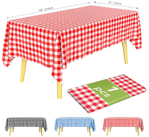 KAshack Rechteckig Kunststoff Einweg Tischdecke -137x274CM Rot-Weiß Kariert Outdoor Tischdecke, Wasserdicht Parteien Tischdecken für Picknick, Hochzeit, Gartentischdecke