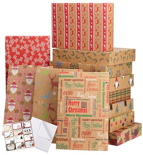 12 Stück Geschenkbox Weihnachten mit Deckel Sortiment-Mittel Größe Weihnachts Karton Geschenkbox, Kraft Geschenk Verpackung Hemdenboxn, 12 Muster Urlaub Geschenk Box mit Seidenpapier & Tag Aufkleber