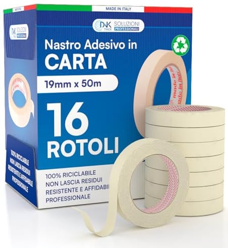 DNK TRADE Nastro di Carta - 16 Rotoli di Nastro da Imbianchini 19mm x 50m - Carta Gommata Professionale 19x50 Riciclabile per Mascheratura Pittura e Imbiancatura