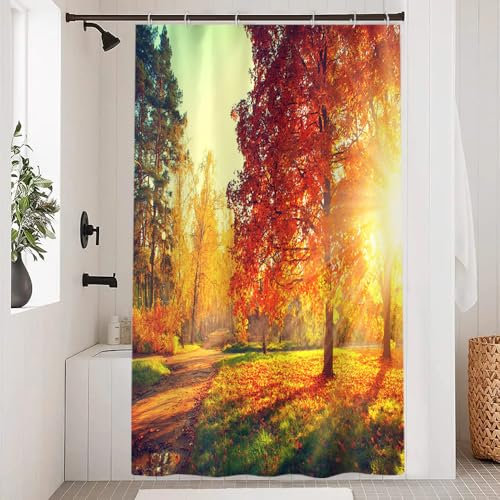 Uiiooazy Tenda Doccia Autunno, Tenda da Doccia Forest Giallo Foglie Albero Tenda per Doccia Antimuffa Impermeabile Tessuto in Poliestere Lavable Opaco Tenda per Vasca da Bagno con 8 Ganci 120Lx200Acm