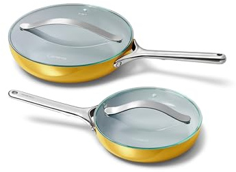 Caraway Keramik-Bratpfanne Duo mit Glasdeckeln – antihaftbeschichtete Bratpfannen (26,7 cm & 20,3 cm) – ungiftig, PTFE- und PFOA-frei – ofenfest und kompatibel mit allen Herdarten – Ringelblume