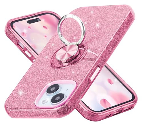 wisdompro Glitter Case for iPhone 15 Plus/14 Plus (6.7 Inch), Bling Sparkle Case with 360° Ring Kickstand for Girls Women, Cute Sparkly Protective Phone Cover - Pink