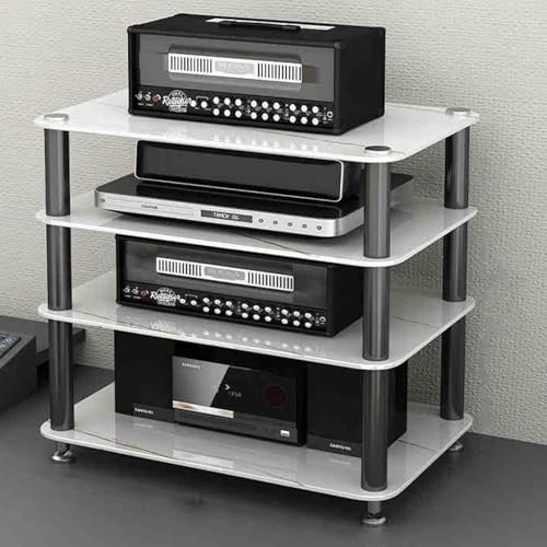YQMHEZ Meuble multimédia, Support Audio en Verre trempé, Meuble TV avec étagères de Rangement, armoires Hi FI for Platine Vinyle AV DVD unité multimédia stéréo(Wit,4 Tier 17.7x13.7x18.8)