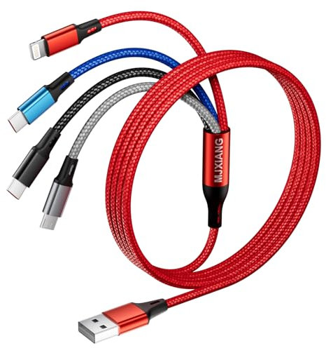 MJXIANG Multi Charging Cable 4 in 1, 3A/1.2M Universal Braided USB Fast Charger Cord with 2*Type C/iP/Micro USB Connectors, for iPhone, Samsung Galaxy, LG, Xiaomi, Moto, Huawei, Sony, Tablets, PS4