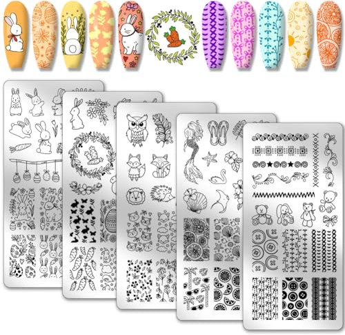 PH PandaHall 5pcs Ostern Kaninchen Nagel Schablone Stempel, Eier Gemüse Nagel Stamping Platte Kranz Textur Nail Art Schablonen für Nageldesign Druck Maniküre Salon