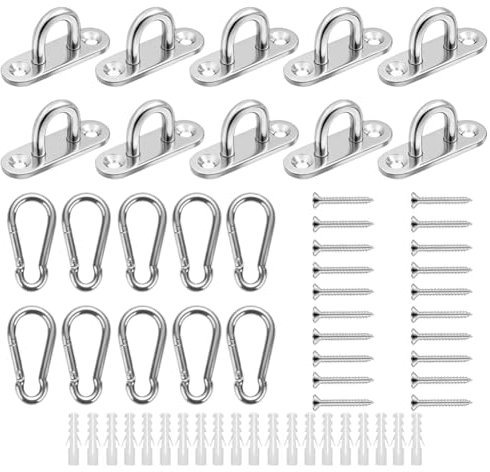 LOMUG Augplatte Edelstahl mit Öse und Karabinerhaken, Edelstahl Karabiner für Boots- Outdoor Zubehör Sonnensegel Deckenhaken Wandbefestigung Wand-Befestigung Wand-Haken, 10 Stück