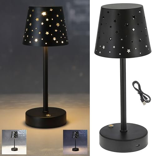 Cepewa Tischleuchte Sterne gestanzt Touchfunktion | stufenlos dimmbar 3 Weißtöne 10x28cm schwarz | 8 LEDs USB-C zu USB Ladekabel (1x Tischleuchte Sterne)