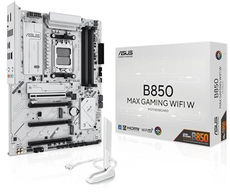 ASUS B850 MAX GAMING WIFI W, AMD ATX Motherboard, 8+2+1 Power Stages, DDR5 Slot, PCIe 5.0 Ready, 3 M.2 Slots, WiFi 6E, Ethernet 2.5Gb, USB-A, USB-C, HDMI, BIOS Flashback and Aura Sync, White