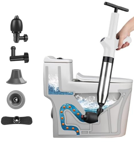 trivkyand Toilet Unblocker, Toilet Plunger High Pressure Duty Drain Unblocker Tools with 4 Replaceable Heads for Sink Toilet Floor Drain and Pipe Clog Unblocking