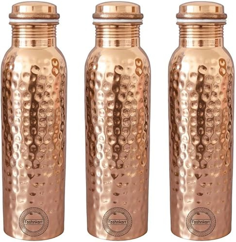 Fashnkart Pure Copper Water Bottle Hammered 25,36 oz Leak Proof Design Vessel Ayurveda Health Pitcher für Fitness Sport Yoga 750 ml Set mit 3 Stück