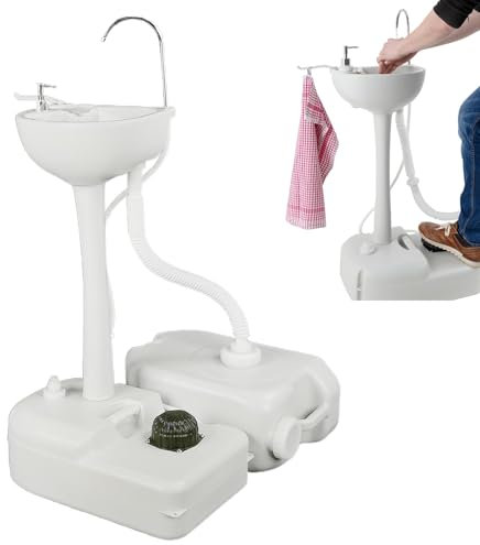 Évier de camping portable avec pompe à pied et distributeur de savon, comprend des réservoirs d'eaux usées de 17 L et 24 L, idéal pour les activités de plein air et les chantiers de travail