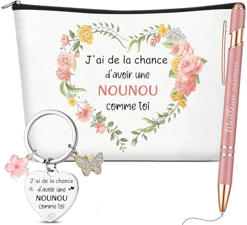 Xuniea 3 Cadeau Nounou Porte Clef Trousse de Toilette Pochette de Maquillage Stylo à Bille Rétractable Cadeau Remercier Nounou pour Noël Anniversaire Fin d'Année Fin Contrat