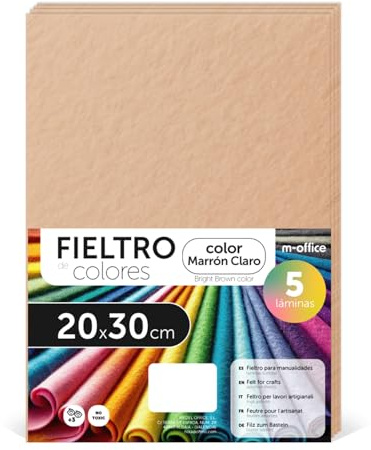 m-office Feutrine Loisir Créatif, Feutrine de Couleurs, Douce et Flexible, Matériau pour Couture, Tissus Patchwork, Idéale pour Projets DIY, Artisanat ou Décoration, 20x30cm (Marron Clair, 5 pcs)