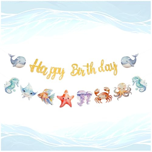 TMZELOA Geburtstagsgirlande für Kinder, Thema Meer – Dekorationsset mit Meerestieren und Banner Happy Birthday – Dekoration für Geburtstage Ozean für Kinderparty