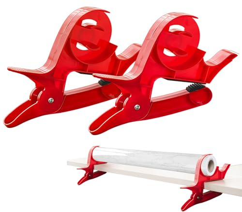 2 Stück Geschenkpapier Schneider für Rollen Cutter Werkzeug Kunststoff | Robust und Langlebig, Rutschfest zum Festklemmen am Tisch, Fixiert Papier und Klebeband, Schnelles Messen und Schneiden