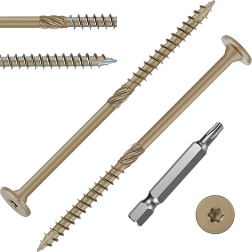 FandWay 25Pcs 6.3x115mm Decking Screws,Torx Wood Screws,Flat Head Timber Screws,Heavy Duty Construction Structural Screw,Rust Resistant epoxy Coated, Bronze, T30 Star Bit.