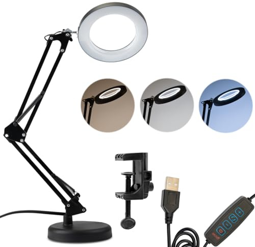 Lumiled LED Lupenlampe 8W 400lm Schwenkarm 3x Vergrößerung Lupe mit Licht und Ständer Dimmbar USB Schreibtischlampe Arbeitsplatzlampe Schwarz 3 Farbmodi Glaslinse Kosmetiklampe Basteln Lesen