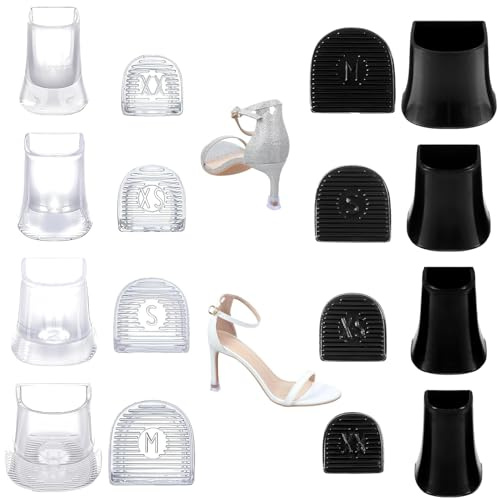 8 Pairs Heel Protectors for Women - Anti-Slip Heel Caps in 4 Sizes for Grass & Outdoor Events - Transparent & Black Stoppers to Prevent Sinking & Damage