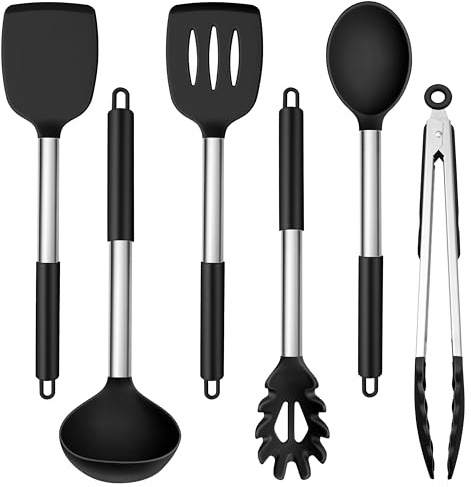 Joyfair 6 Pcs Black Kitchen Cooking Utensils Set (Spatula Turner Spoon) | Food Grade Silicone Surface, High Quality Stainless Steel Core, Non Toxic & Non-Stick, Heat Resistant & Dishwasher Safe