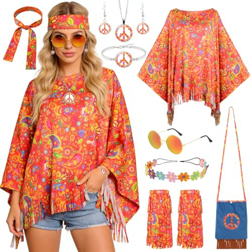 TOYTOPIE Hippie Kostüm Damen Set, Faschingskostüme Damen, 70er Jahre Outfit Damen mit Hippie Umhang, Bunter Umhängetasche, Sonnenbrille, 60er 70er Jahre Disko Kostüm Kleidung für Karneval Party