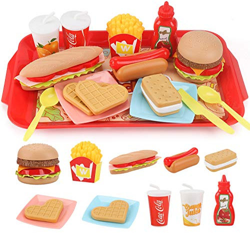 Sotodik Pretend Play Food Set for Children, Removable Fast Food Playset with Tray Hamburger Hotdog Fries Combo, Kitchen Accessories Role Play Toys, Educational Gift for Kids Boys Girls