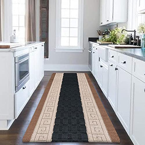 Carpet Runners for Hallways Non Slip Long With Gel Back - Marble Rug Washable Low Pile Rug, Kitchen Runner - Ideal For Living Room, Bedroom, Lounge And Hall |60 x 220 cm - Black Beige