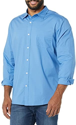 Amazon Essentials Men's Long-Sleeved Regular-Fit Stretch Poplin Shirt, Light Blue, XS