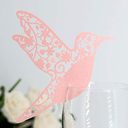 GOTOTOP Packung mit 50 Vogel-Hochzeitstisch, Lasergeschnitten, Elfenbein, Kolibri, Name, Tischkarten, Personalisierte Tischnamen, Empfangsdekoration, Hochzeitsgastkarten für Weinglas, Bankette,(Rosa)