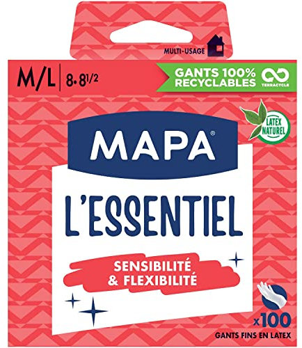 Mapa - L'Essentiel - Guantes finos de látex natural en polvo - Sensibilidad y flexibilidad - Caja de 100 guantes - Talla M/L, Blanco