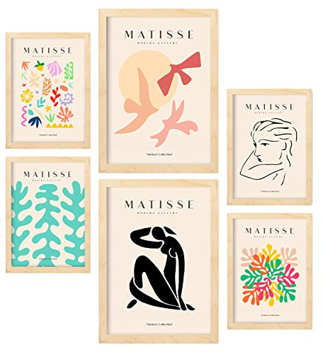 Nacnic Set mit 6 Henri Matisse Postern. Freiheit. Drucke des Fauvismus und der abstrakten Kunst für Innenarchitektur und Dekoration. A3 & A4 Holzfarbe Rahmen.