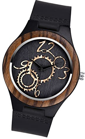 MicLee Montre à Quartz en Bois de Bambou, Montre en Bois Naturel pour Homme et Femme, Montre en Bois avec Motif d'engrenage, Bracelet en Cuir de Vache, Cadran en Bois de Bambou carbonisé