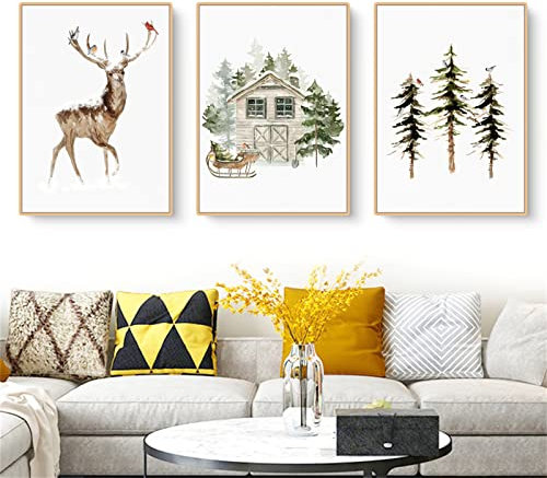 Martin Kench 3er Weihnachts-Poster Set, Winter Bilder, Elch, Holzhaus, Wald Wandkunst Wandbilder Modern Wanddeko für Wohnkultur, Ohne Rahmen (C,50x70cm)