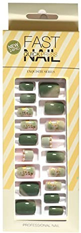 Gift set (24PCS) short fake nails, fashion series set of fake nails for nail art DIY, delivery kit. (Green, One Size)