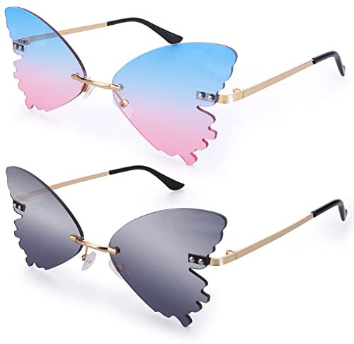 2 Stück Schmetterlings Sonnenbrille Bunte Randlose Sonnenbrille Coole lustige Unregelmäßige Sonnenbrillen für Männer und Frauen Party Sonnenbrillen für Strand Party Abschlussball Karneval