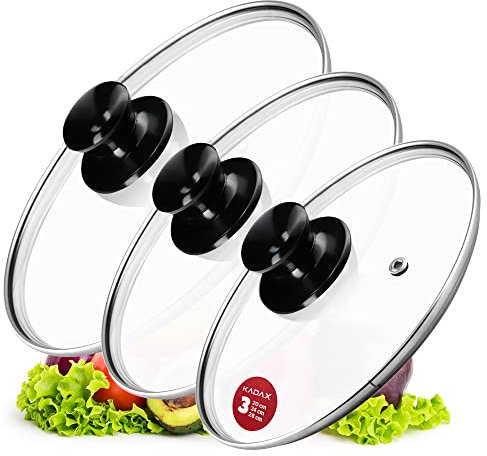 KADAX Juego de tapas universales de cristal con asa, juego de tapas resistentes al calor, en diferentes tamaños, juego de tapas de sartén, tapa de cristal (20 + 24 + 28 cm, mango negro brillante)