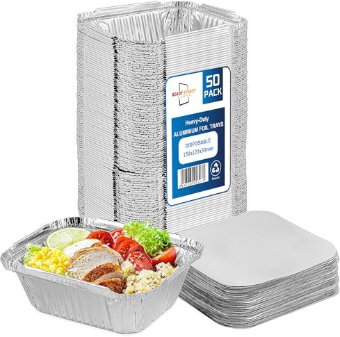 ReadySteadyServe Pack of 50 Aluminium Tin Foil Food Trays with Lids | No.2 | Silver Takeout Container Pans 145 x 120 x 45 mm Takeaway, Sides, BBQ, Events, Parties (50 Pack)
