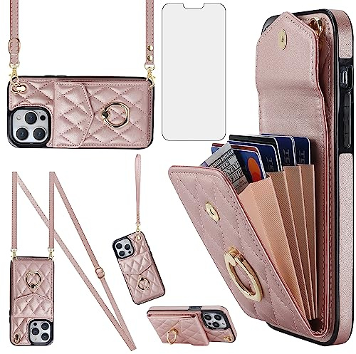 Asuwish Handyhülle für iPhone 14 Pro Max Hülle mit Band Folie Schutzfolie RFID Ring Ständer Kartenfach Klappbar Geldbörse i-Phone 14Pro Promax i Phoenix 14ProMax Handy Hüllen Damen Phone Case Roségold
