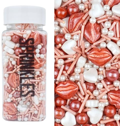 MakeSomeSweets SWEET KISS - Decorazioni per Torte Commestibili - Sprinkles per Torte, Biscotti e Altri Dolci - Vegani - Senza Olio di Palma - 100g - Zuccherini Decorativi Rosso-Bianco