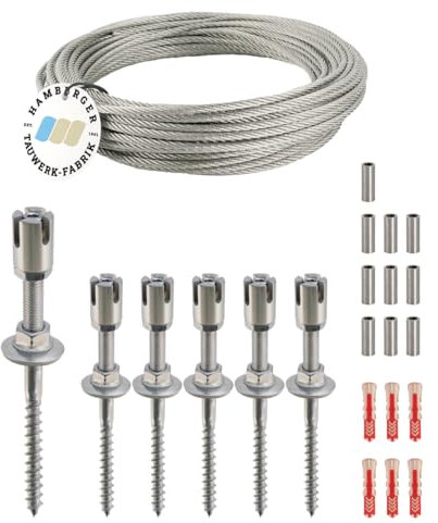 Rankhilfe/Ranksystem ''M'' aus Edelstahl - Wandabstand 50mm (Set 4) mit 6 Wandhaltern und 10m Drahtseil