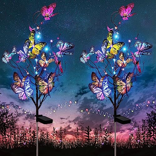 Solarlampen für Außen Garten, 2 Stück Solar Schmetterlinge Gartenleuchten LED Solarleuchten Außen Bunte Lichterkette IP65 Wasserdicht Solarleuchten für Pathway Balkon Yard Gartendeko Draußen