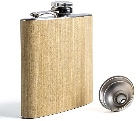 SPDYCESS Edelstahl Flachmann aus Holz 6oz Männer Flachmänner mit Trichter Tragbar Flachmann von Alkohol Geschenk zum Wandern Klettern Angeln