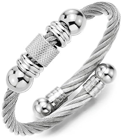 COOLSTEELANDBEYOND Acier Inoxydable Manchette Câble Torsadé Bracelet pour Hommes et Femmes - Bracelet avec Perle Charmes, Poli Réglable