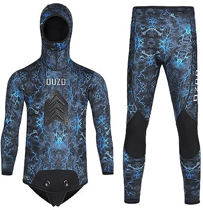 Muta da pesca subacquea in neoprene da 5 mm, con cappuccio, 2 pezzi, mimetica, per caccia e immersioni, con imbottitura per il petto, per acqua fresca, snorkeling, nuoto, blu, M